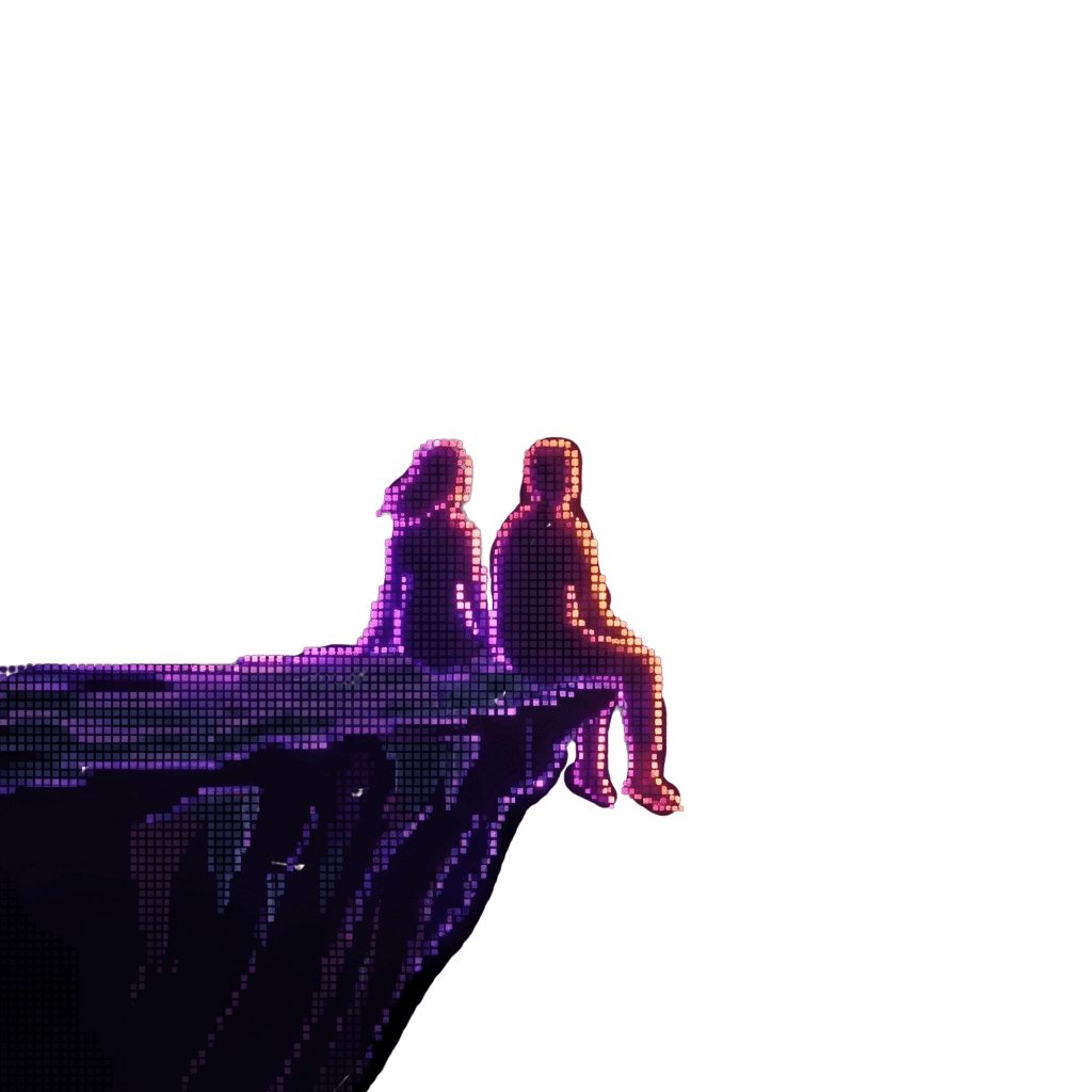 Pixel art silhouette of couple on cliff